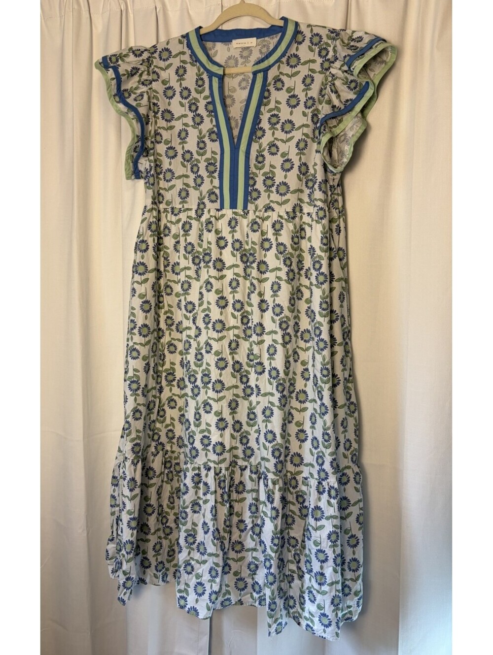 Entro Blue Green Sunflower Print Striped Trim Flutter Sleeve Midi Dress 1X $98